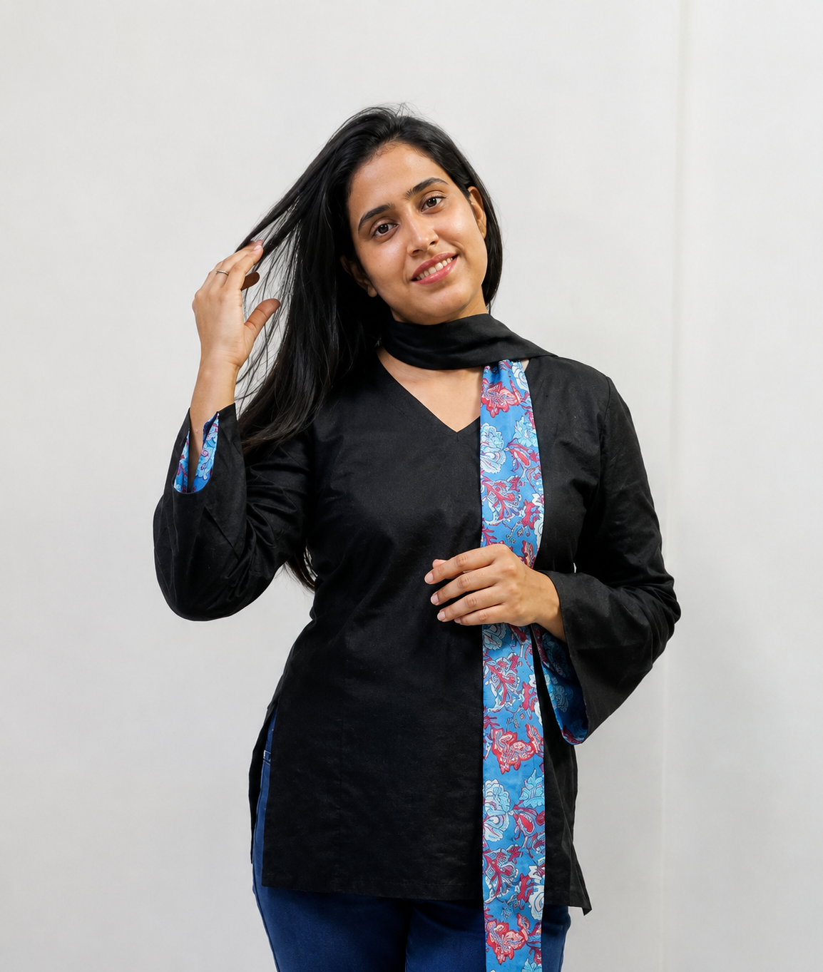 Black Cotton linen Kurti with Scarf