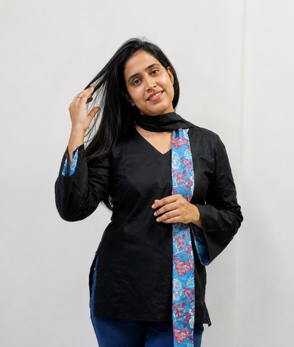 Black Cotton linen Kurti with Scarf