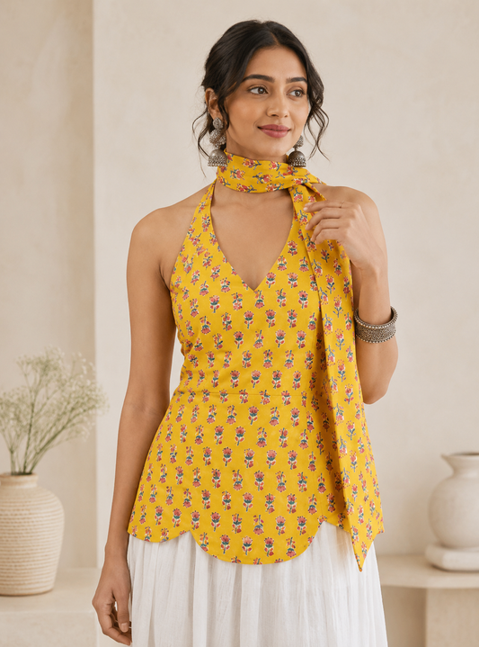 Basanti Yellow Pure Cotton Kurti with Sacrf