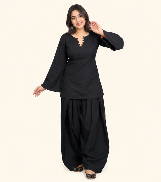 Black Solid Cotton Kurta with Salwar Set