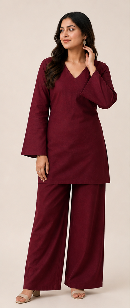 Maroon Cotton Linen Co-Ord
